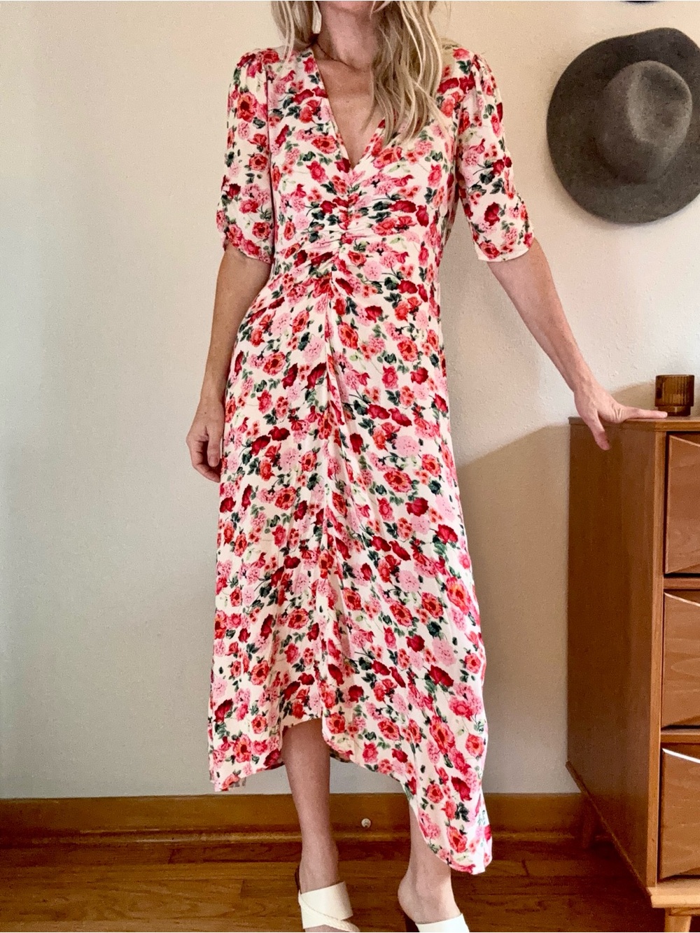 Old Navy Floral Midi Dress Womens Sm Cottage Smocked Feminine Puff Sleeve Boho